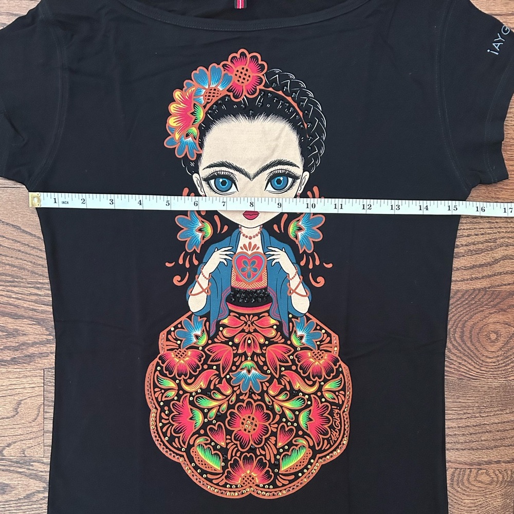 Ay Güey! Beautiful Vibrant Colors Frida Kahlo Short Sleeve Black T-Shirt - Picture 8 of 13